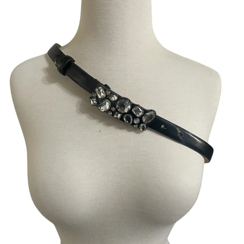 Black Crystal-Embellished Belt Buckle Leather Belt